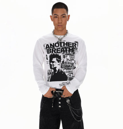 TALKLESSFASHION M / white Vintage Portrait Print Crew Neck Long Sleeve