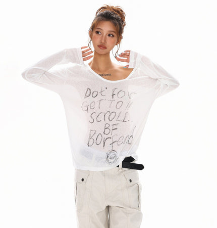 THETLSTUDIO M / white XPKAEAX Slightly Translucent Lightweight Letter Long Sleeve T-Shirt Women's 2025 Pre-Fall Loose Off-the-Shoulder Top American Slanted Shoulder Cover-Up