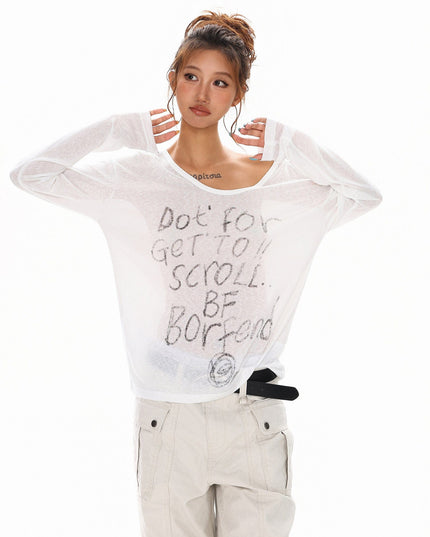 TALKLESSFASHION M / white XPKAEAX Slightly Translucent Lightweight Letter Long Sleeve T-Shirt Women's 2025 Pre-Fall Loose Off-the-Shoulder Top American Slanted Shoulder Cover-Up
