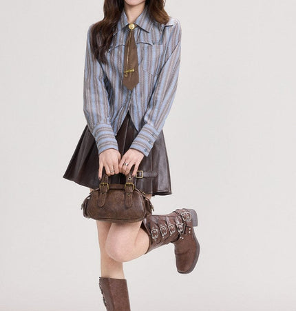 TALKLESSFASHION Mi Xiaoke American retro long-sleeved shirt women's spring college style with striped shirt and small temperament top