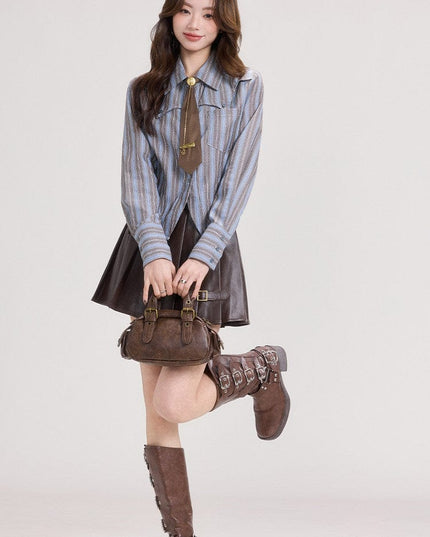 TALKLESSFASHION Mi Xiaoke American retro long-sleeved shirt women's spring college style with striped shirt and small temperament top