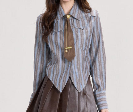 TALKLESSFASHION Mi Xiaoke American retro long-sleeved shirt women's spring college style with striped shirt and small temperament top