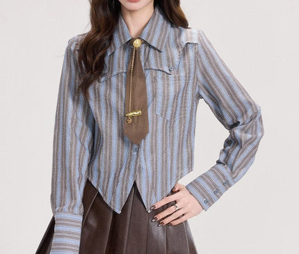 TALKLESSFASHION Mi Xiaoke American retro long-sleeved shirt women's spring college style with striped shirt and small temperament top