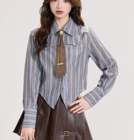 TALKLESSFASHION Mi Xiaoke American retro long-sleeved shirt women's spring college style with striped shirt and small temperament top