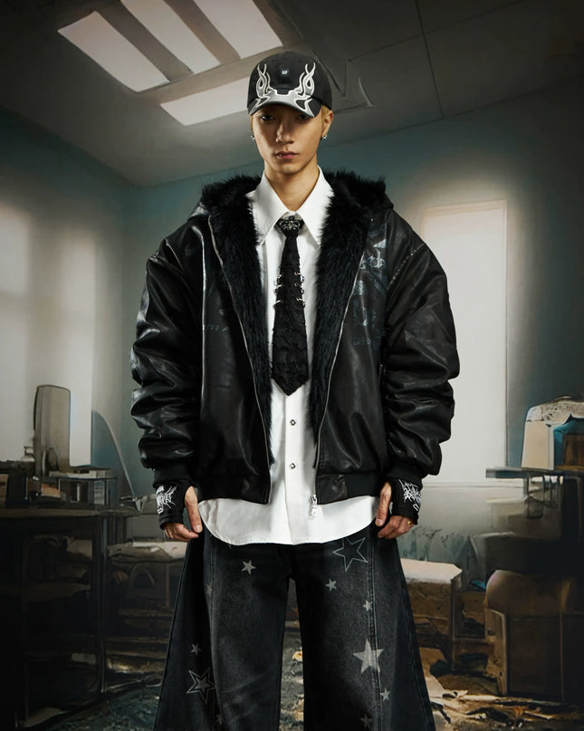 TALKLESSFASHION Mottled Fur Collar Hooded Jacket