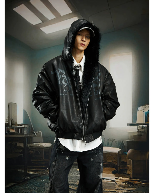 TALKLESSFASHION Mottled Fur Collar Hooded Jacket