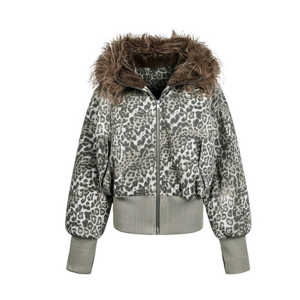 TALKLESSFASHION mountain carved fur collar cotton jacket leopard print jacket