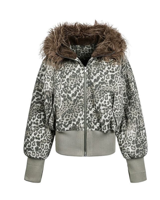 TALKLESSFASHION mountain carved fur collar cotton jacket leopard print jacket