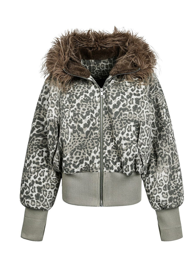 TALKLESSFASHION mountain carved fur collar cotton jacket leopard print jacket