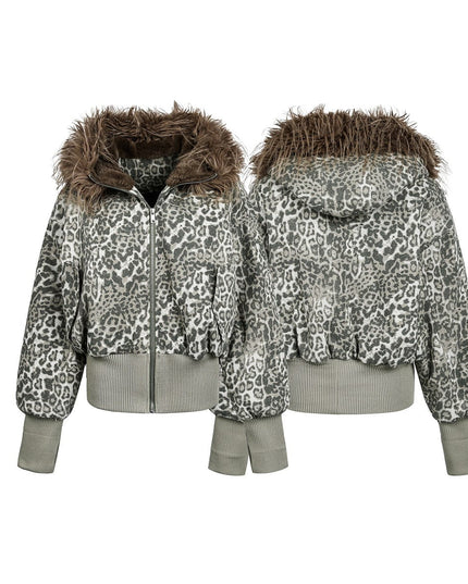TALKLESSFASHION mountain carved fur collar cotton jacket leopard print jacket