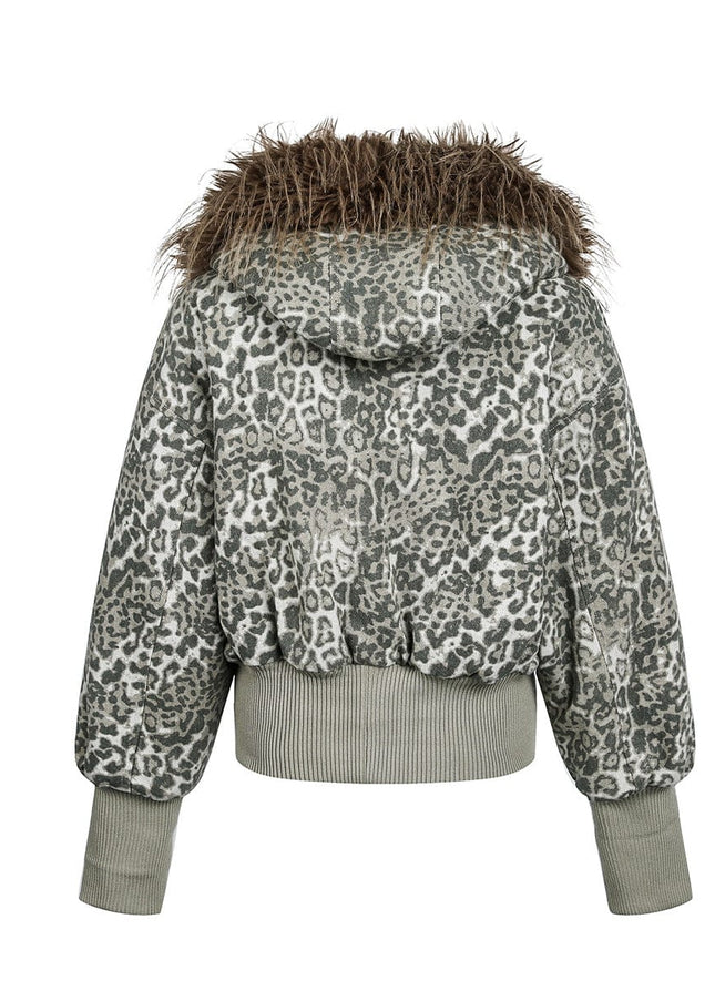 TALKLESSFASHION mountain carved fur collar cotton jacket leopard print jacket