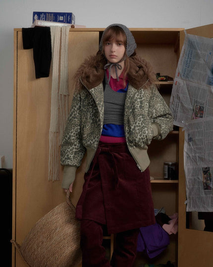 TALKLESSFASHION mountain carved fur collar cotton jacket leopard print jacket