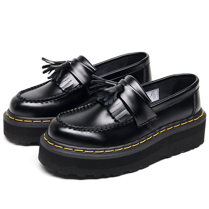 TALKLESSFASHION [No foot grinding] lightweight-platform tassel loafers, female genuine leather low-top heightened black small leather shoes four-season boots 5