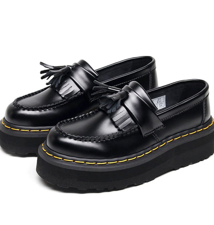 TALKLESSFASHION [No foot grinding] lightweight-platform tassel loafers, female genuine leather low-top heightened black small leather shoes four-season boots 5