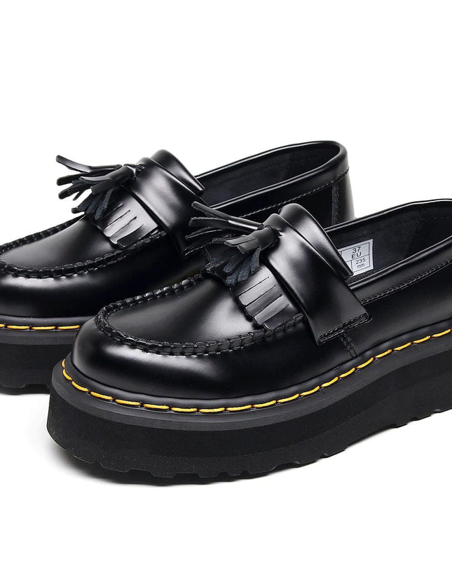 TALKLESSFASHION [No foot grinding] lightweight-platform tassel loafers, female genuine leather low-top heightened black small leather shoes four-season boots 5