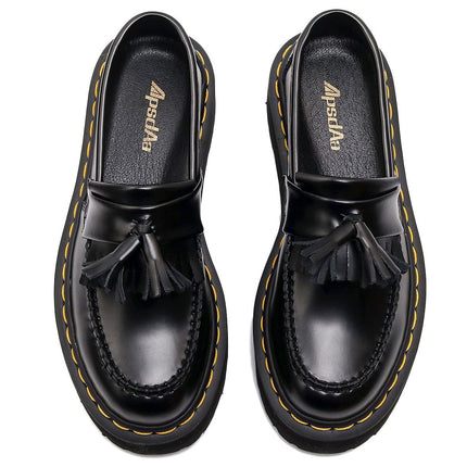 TALKLESSFASHION [No foot grinding] lightweight-platform tassel loafers, female genuine leather low-top heightened black small leather shoes four-season boots 5
