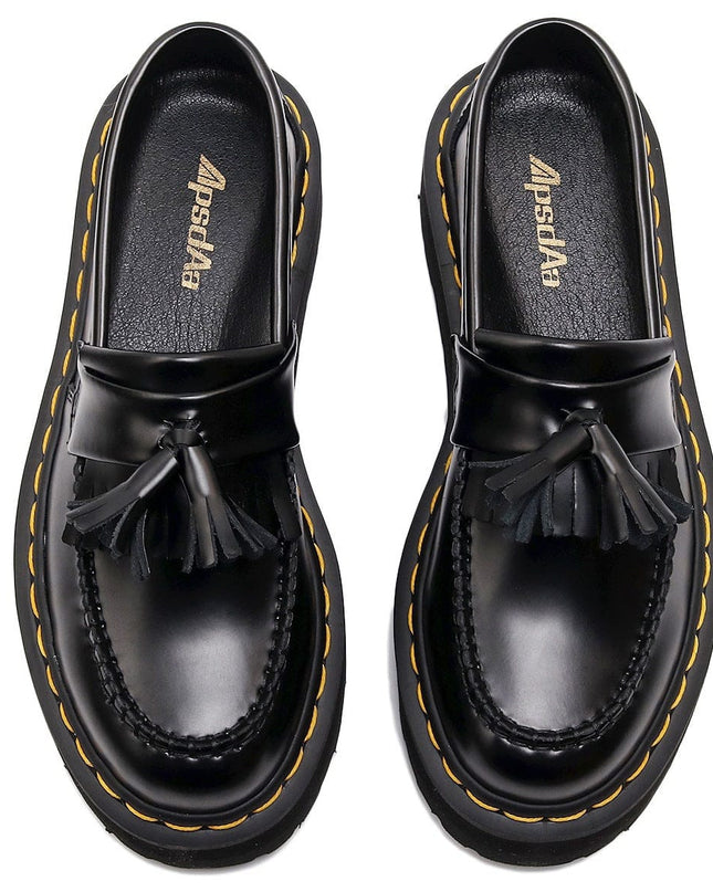 TALKLESSFASHION [No foot grinding] lightweight-platform tassel loafers, female genuine leather low-top heightened black small leather shoes four-season boots 5