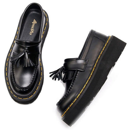 TALKLESSFASHION [No foot grinding] lightweight-platform tassel loafers, female genuine leather low-top heightened black small leather shoes four-season boots 5