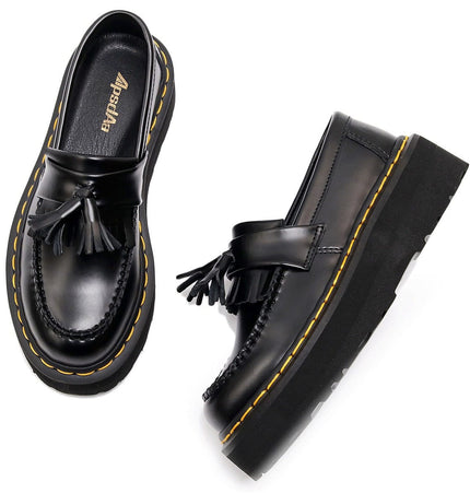 TALKLESSFASHION [No foot grinding] lightweight-platform tassel loafers, female genuine leather low-top heightened black small leather shoes four-season boots 5