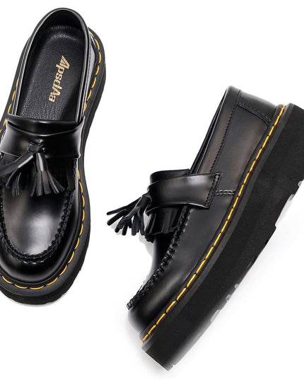 TALKLESSFASHION [No foot grinding] lightweight-platform tassel loafers, female genuine leather low-top heightened black small leather shoes four-season boots 5