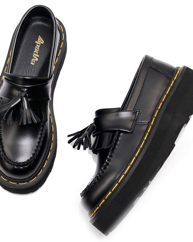 TALKLESSFASHION [No foot grinding] lightweight-platform tassel loafers, female genuine leather low-top heightened black small leather shoes four-season boots 5