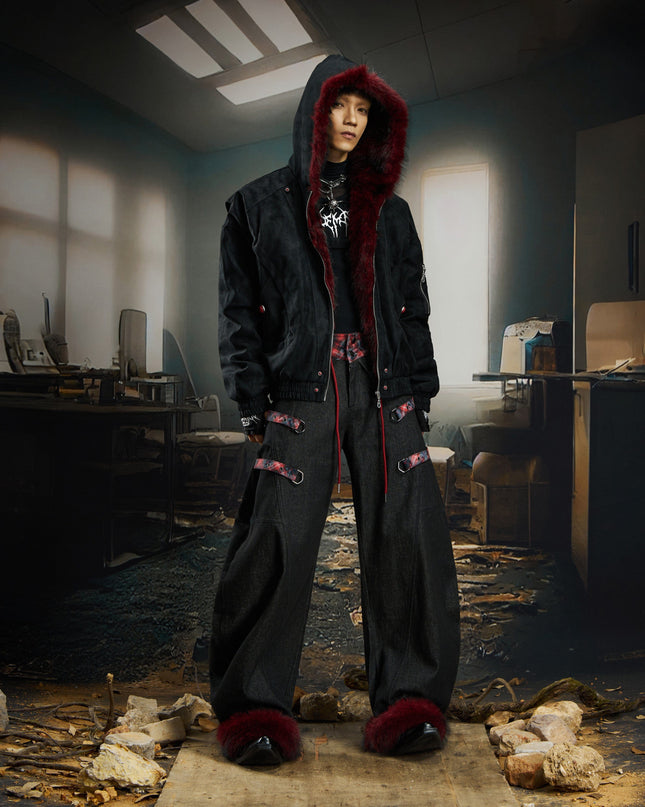 TALKLESSFASHION No man's island original y2k niche personality splicing pants hem furry detachable scimitar pants jeans