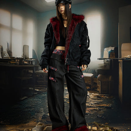 TALKLESSFASHION No man's island original y2k niche personality splicing pants hem furry detachable scimitar pants jeans