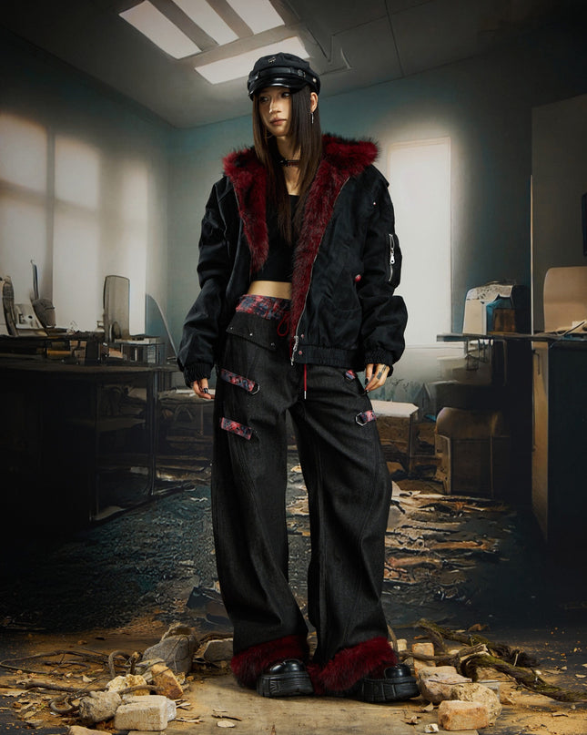 TALKLESSFASHION No man's island original y2k niche personality splicing pants hem furry detachable scimitar pants jeans