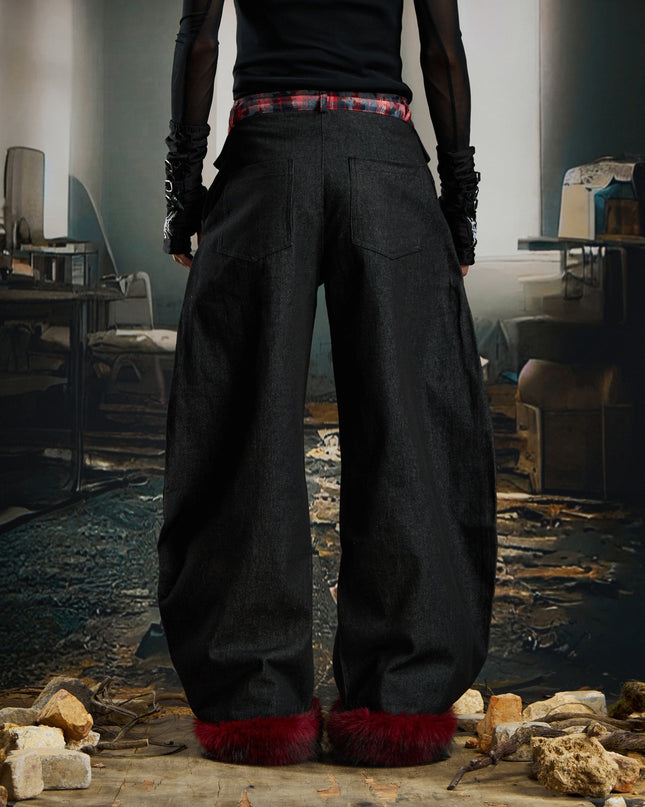 TALKLESSFASHION No man's island original y2k niche personality splicing pants hem furry detachable scimitar pants jeans