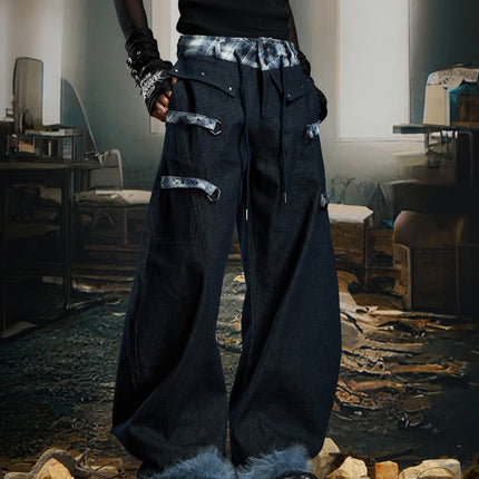 TALKLESSFASHION No man's island original y2k niche personality splicing pants hem furry detachable scimitar pants jeans