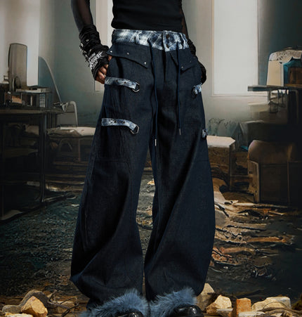 TALKLESSFASHION No man's island original y2k niche personality splicing pants hem furry detachable scimitar pants jeans