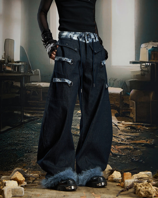 TALKLESSFASHION No man's island original y2k niche personality splicing pants hem furry detachable scimitar pants jeans
