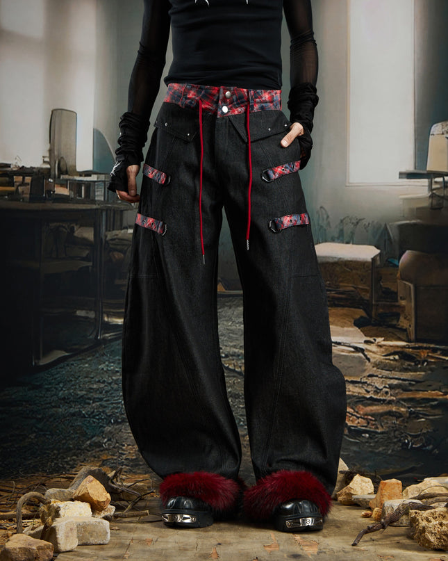TALKLESSFASHION No man's island original y2k niche personality splicing pants hem furry detachable scimitar pants jeans
