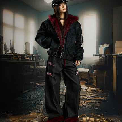 TALKLESSFASHION No man's island original y2k niche personality splicing pants hem furry detachable scimitar pants jeans