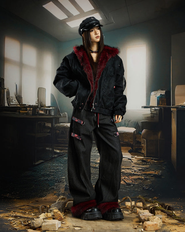 TALKLESSFASHION No man's island original y2k niche personality splicing pants hem furry detachable scimitar pants jeans
