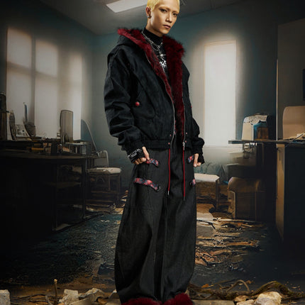 TALKLESSFASHION No man's island original y2k niche personality splicing pants hem furry detachable scimitar pants jeans