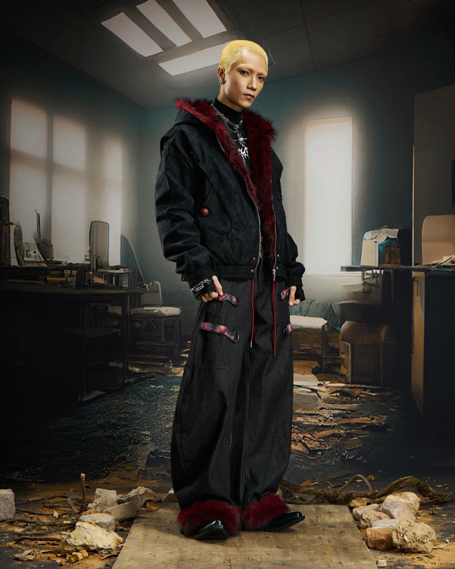 TALKLESSFASHION No man's island original y2k niche personality splicing pants hem furry detachable scimitar pants jeans