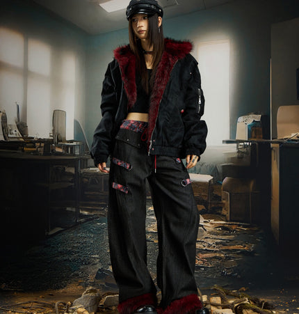 TALKLESSFASHION No man's island original y2k niche personality splicing pants hem furry detachable scimitar pants jeans