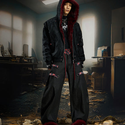 TALKLESSFASHION No man's island original y2k niche personality splicing pants hem furry detachable scimitar pants jeans