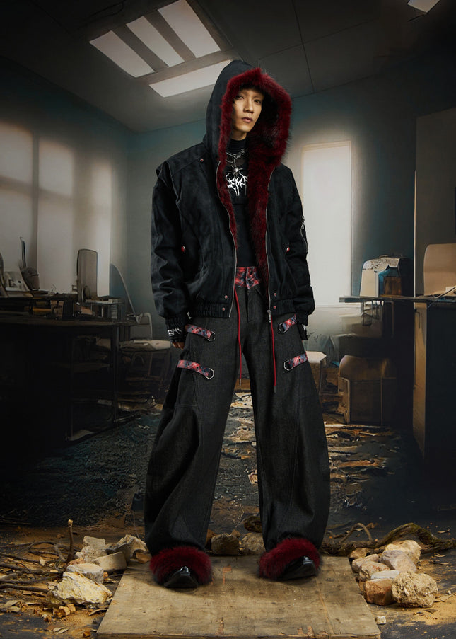 TALKLESSFASHION No man's island original y2k niche personality splicing pants hem furry detachable scimitar pants jeans