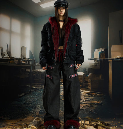 TALKLESSFASHION No man's island original y2k niche personality splicing pants hem furry detachable scimitar pants jeans