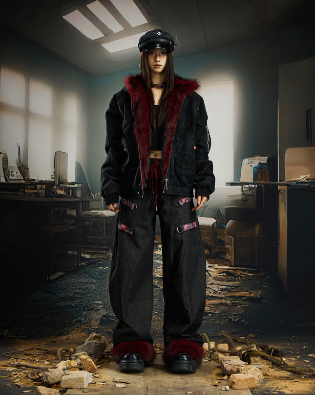 TALKLESSFASHION No man's island original y2k niche personality splicing pants hem furry detachable scimitar pants jeans
