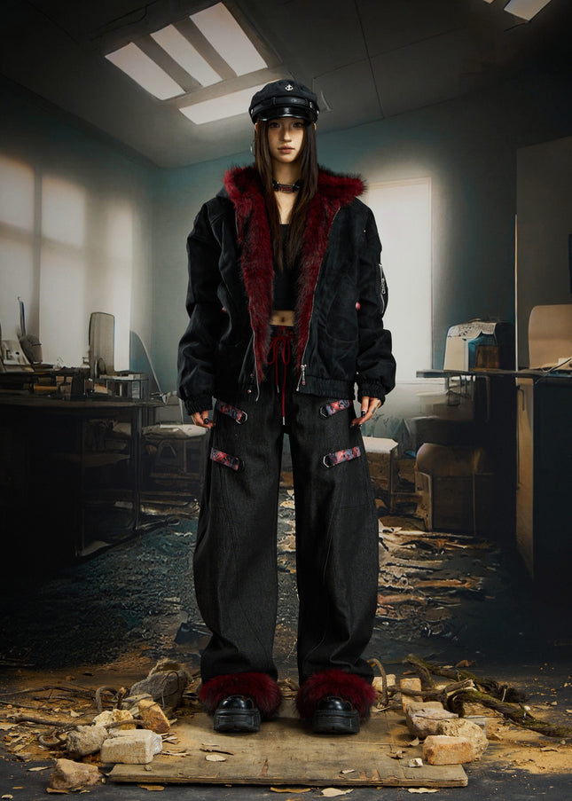 TALKLESSFASHION No man's island original y2k niche personality splicing pants hem furry detachable scimitar pants jeans