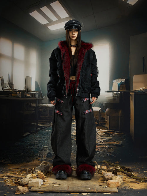 THETLSTUDIO No man's island original y2k niche personality splicing pants hem furry detachable scimitar pants jeans