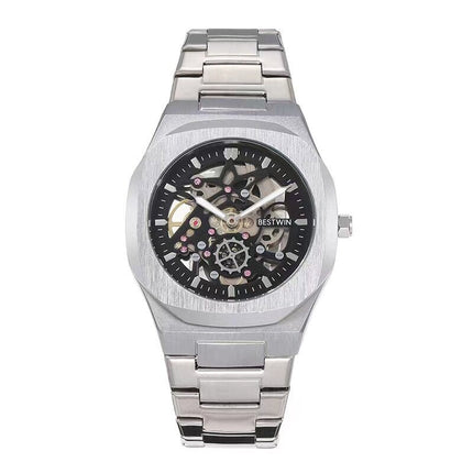 TALKLESSFASHION Noble Silver Black Steel Band Waterproof Quartz Small Square Watch
