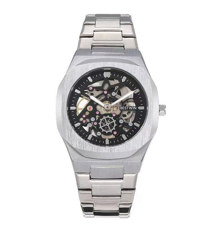 TALKLESSFASHION Noble Silver Black Steel Band Waterproof Quartz Small Square Watch