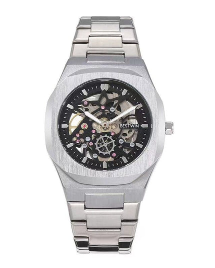 TALKLESSFASHION Noble Silver Black Steel Band Waterproof Quartz Small Square Watch