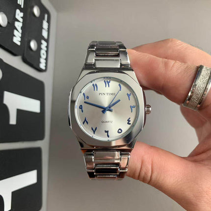 TALKLESSFASHION Noble silver blue characters Square silver band square watch