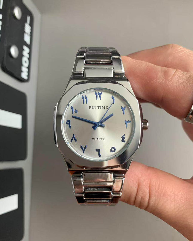 TALKLESSFASHION Noble silver blue characters Square silver band square watch