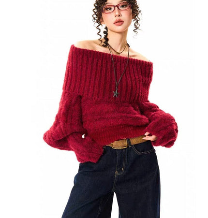 THETLSTUDIO One size / red YOUNG Encore Red Atmosphere Red Sweater Women's Winter Retro Hot Girl Short One-Shoulder Top